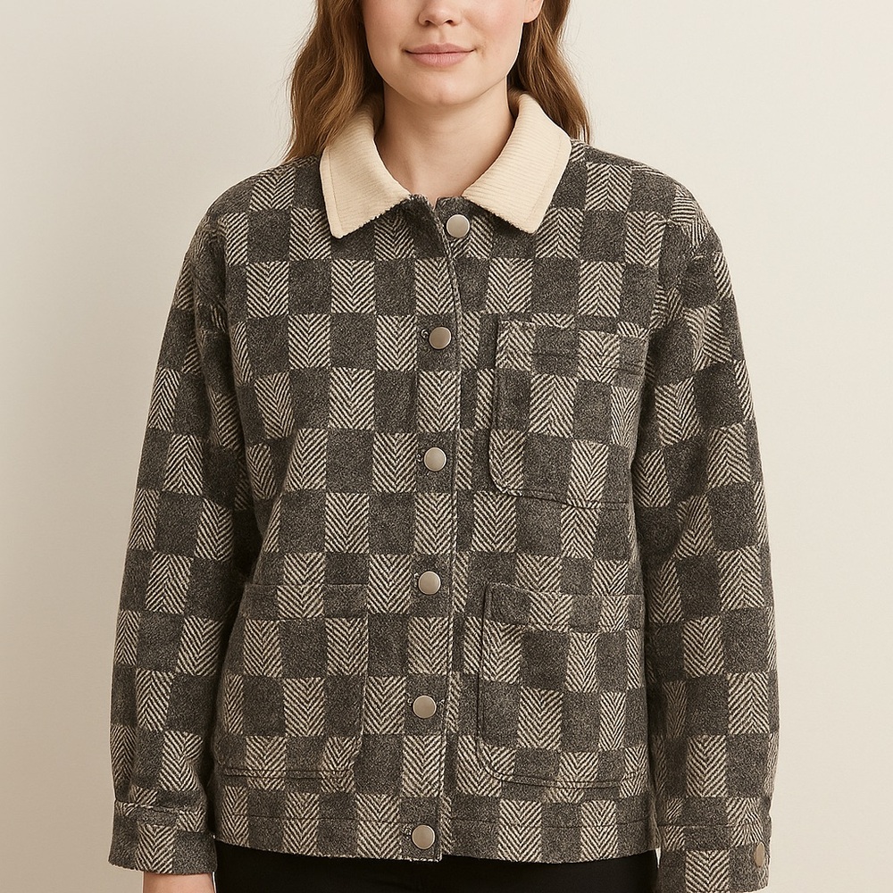 Emory Park Checkered Cropped Jacket w/ Corduroy Collar – Size M